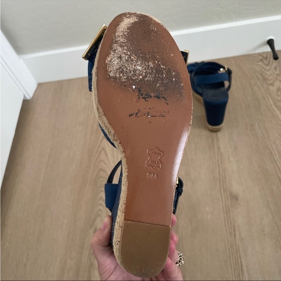 Pre Owned Tory Burch Navy Blue Bow Espadrille Wedge Sandals Sz 9 - Picture 7 of 8